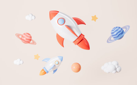 Planet and rocket on the blue background, Cartoon universe scene, 3d rendering. Digital drawingの写真素材