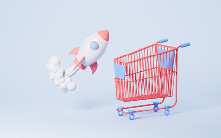 Rocket and shopping cart , Shopping and fast logistics delivery concept, 3d rendering. Digital drawing.の写真素材