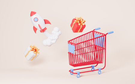 Rocket and shopping cart , Shopping and fast logistics delivery concept, 3d rendering. Digital drawing.の写真素材