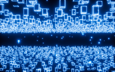 Glowing cubes and neon materials, Scientific and technological materials, 3d rendering. Digital drawing.の写真素材