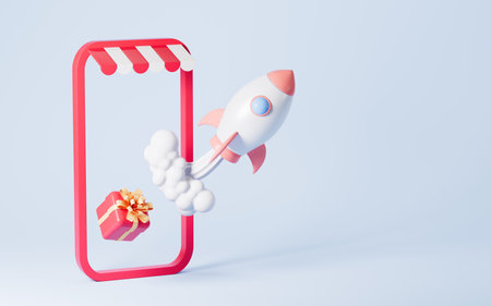 Rocket and gifts flying from phone, Shopping online, Fast Logistics and delivery concept, 3d rendering.の写真素材
