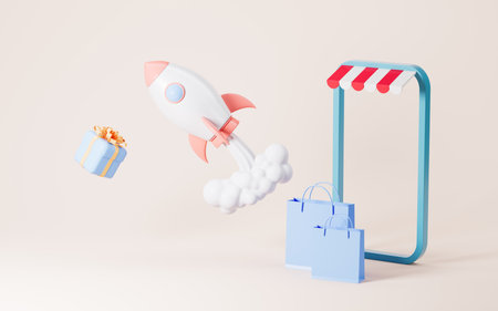 Rocket and gifts flying from phone, Shopping online, Fast Logistics and delivery concept, 3d rendering.の写真素材