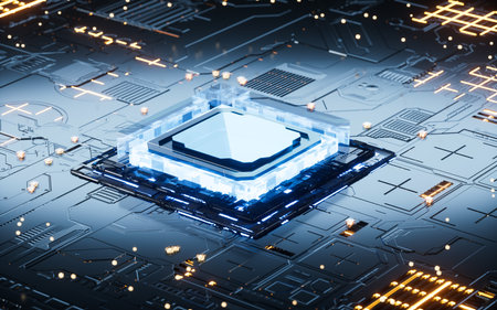 Electronic chips and circuit boards, Science and technology materials, 3d rendering. Digital drawing.の写真素材