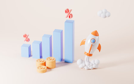 Rocket launching and rising bar graph on the yellow background, 3d rendering. Digital drawing.の写真素材