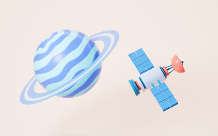 Cartoon planets and satellite in the yellow background, 3d rendering. Digital drawing.の写真素材