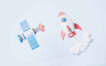 Cartoon rocket and satellite in the blue background, 3d rendering. Digital drawing.の写真素材