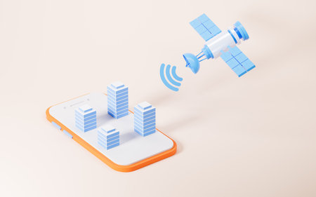 Cartoon satellite and mobile phone, signal transmission and telecommunications concept, 3d rendering. Digital drawing.の写真素材