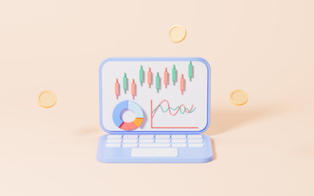 Stocks and statistical chart with laptop in the pink background, 3d rendering. Digital drawing.の写真素材