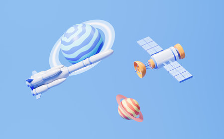 Rocket and satellite surround the planet , 3d rendering. Digital drawing.の写真素材