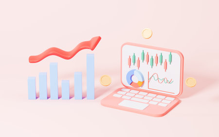 Stocks and statistical chart with laptop in the pink background, 3d rendering. Digital drawing.の写真素材