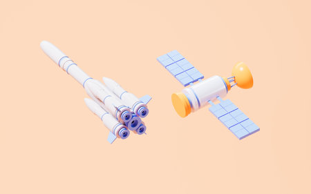 Rocket and satellite in the yellow background, 3d rendering. Digital drawing.の写真素材
