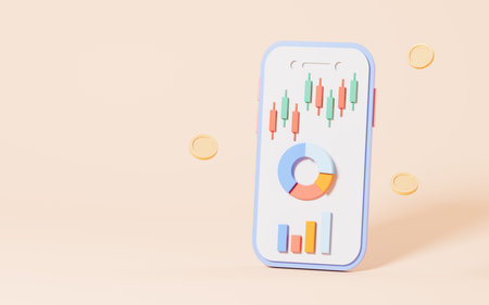 Stocks and statistical chart with mobile phone in the pink background, 3d rendering. Digital drawing.の写真素材
