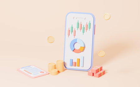 Stocks and statistical chart with mobile phone in the pink background, 3d rendering. Digital drawing.の写真素材