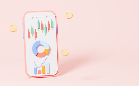 Stocks and statistical chart with mobile phone in the pink background, 3d rendering. Digital drawing.の写真素材