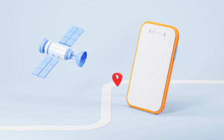 Satellites and mobile phone, Satellite positioning and signal transmission concept, 3d rendering. Digital drawing.の写真素材