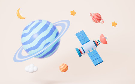 Cartoon planets and satellite in the yellow background, 3d rendering. Digital drawing.の写真素材