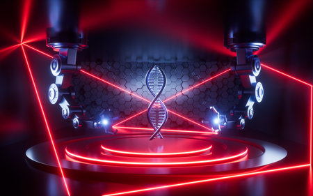 DNA with mechanical arms in the neon background, 3d rendering. Digital drawing.の写真素材
