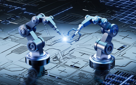 Mechanical arm and circuit chip in the sci-tech background, 3d rendering. Digital drawing.の写真素材