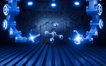 Molecule with mechanical arms in the neon background, 3d rendering. Digital drawing.の写真素材