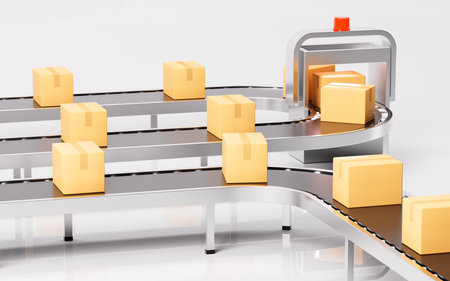 Boxes on the conveyor belt, Logistics transportation concept, 3d rendering. Digital drawing.の写真素材
