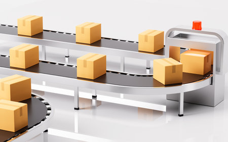 Boxes on the conveyor belt, Logistics transportation concept, 3d rendering. Digital drawing.の写真素材