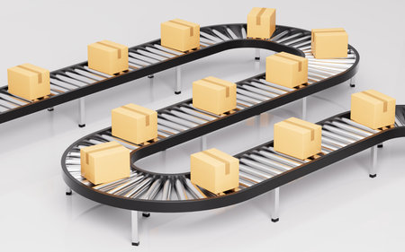 Boxes on the conveyor belt, Logistics transportation concept, 3d rendering. Digital drawing.の写真素材