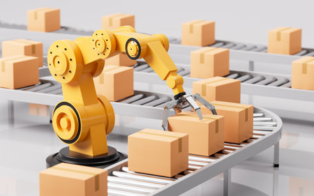 Mechanical arms carry boxes, Assembly line and mechanical operation, 3d rendering. Digital drawing.の写真素材