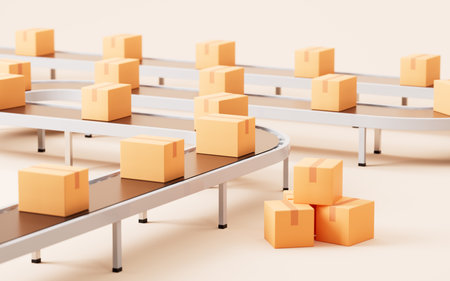 Boxes on the conveyor belt, Logistics transportation concept, 3d rendering. Digital drawing.の写真素材