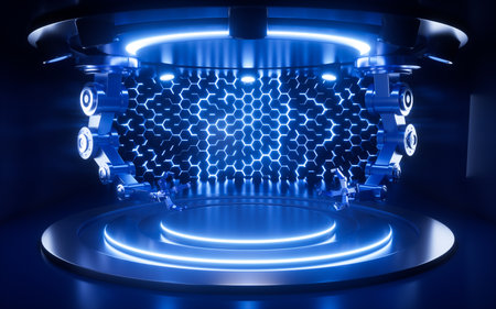 Empty stage with mechanical arm in the neon background, 3d rendering. Digital drawing.の写真素材