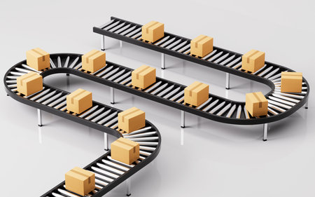 Boxes on the conveyor belt, Logistics transportation concept, 3d rendering. Digital drawing.の写真素材