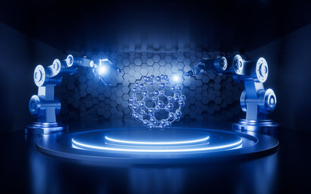 Molecule with mechanical arms in the neon background, 3d rendering. Digital drawing.