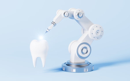 Mechanical arm and fix teeth, 3d rendering. Digital drawing.の写真素材