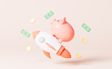 A piggy bank on the rocket with scattered gold coins in the yellow background, 3d rendering. Digital drawing.の写真素材