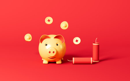 Gold piggy and firecrackers in the red background, Year of Pig Spring Festival theme, 3d rendering....
