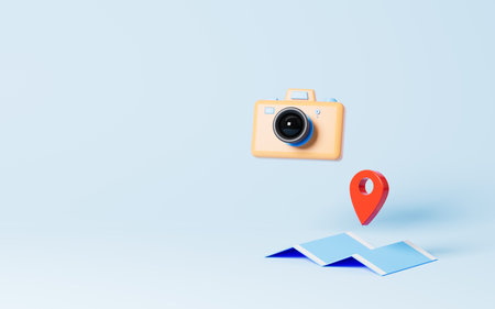 Camera and map pin in the blue background,Tourism theme, 3d rendering. Digital drawing.