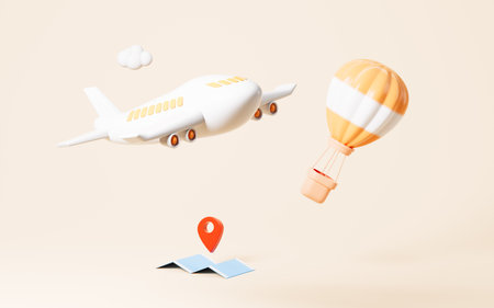 Airplane and hot balloon in the yellow background, 3d rendering. Digital drawing.