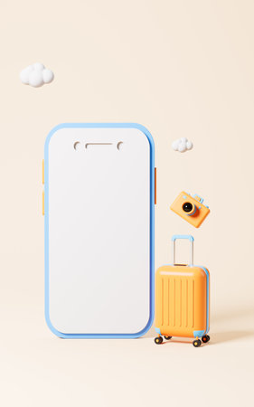Booking tickets online, luggage and camera in the yellow background, 3d rendering. Digital drawing.