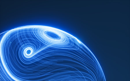 Abstract flowing lines and glowing particles, 3d rendering. Digital drawing.の写真素材