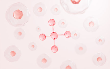 Floating molecule and cells in the pink background, skin treatment, biology and medicine concept, 3d rendering. Digital drawing.の写真素材