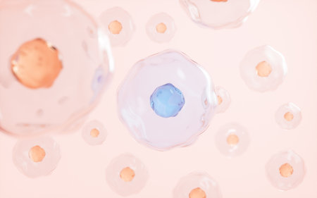 Floating cells in the yellow background, skin treatment, biology and medicine concept, 3d rendering. Digital drawing.の写真素材