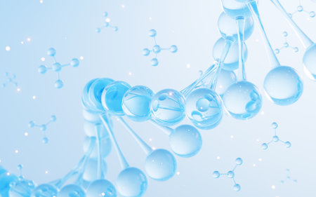Floating molecules and DNA in the blue background, biology and cosmetic medicine concept, 3d rendering. Digital drawing.の写真素材