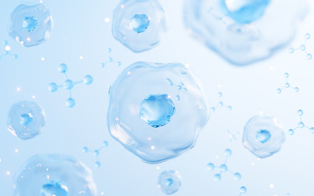 Floating cells in the blue background, skin treatment, biology and medicine concept, 3d rendering. Digital drawing.の写真素材