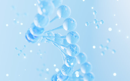 Floating molecules and DNA in the blue background, biology and cosmetic medicine concept, 3d rendering. Digital drawing.の写真素材