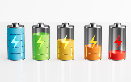 Various level energy alkaline batteries, 3d rendering. Digital drawing.の写真素材