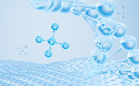 Floating molecules and DNA in the blue background, biology and cosmetic medicine concept, 3d rendering. Digital drawing.の写真素材
