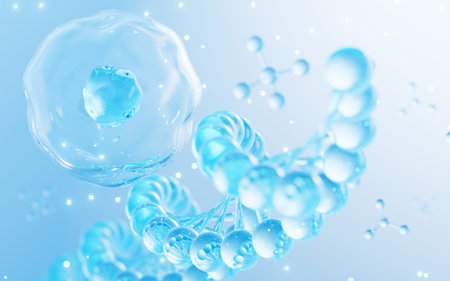 Floating cells and DNA in the blue background, skin treatment, aesthetic medicine concept, 3d rendering. Digital drawing.の写真素材