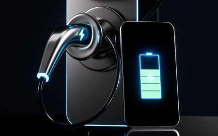 Mobile phone with green charging mark and charging pile, 3d rendering. Digital drawing.の写真素材