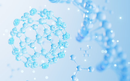 Floating molecules and DNA in the blue background, biology and cosmetic medicine concept, 3d rendering. Digital drawing.の写真素材