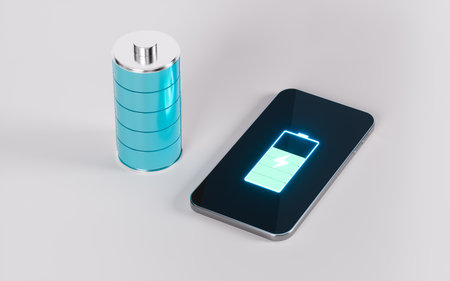Mobile phone and battery, mobile phone charging, 3d rendering. Digital drawing.の写真素材