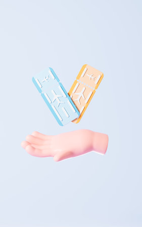 Cartoon hand and airplane tickets, 3d rendering. Digital drawing.の写真素材